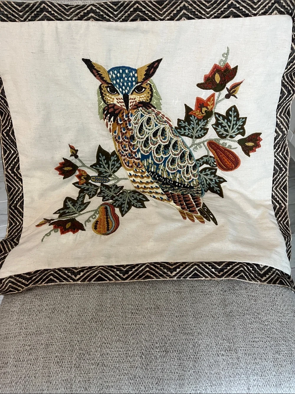 Pottery Barn owl with berries embroidered appliqué, pillow cover, cotton linen